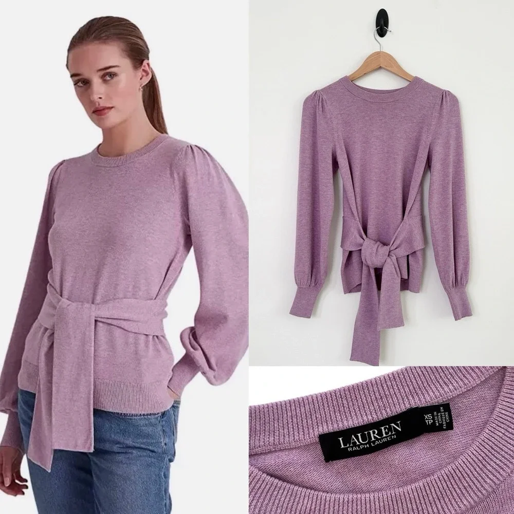 Lauren Ralph Lauren Women's XS Purple Puff Long Sleeve Belted Cotton Sweater Top - Picture 16 of 16